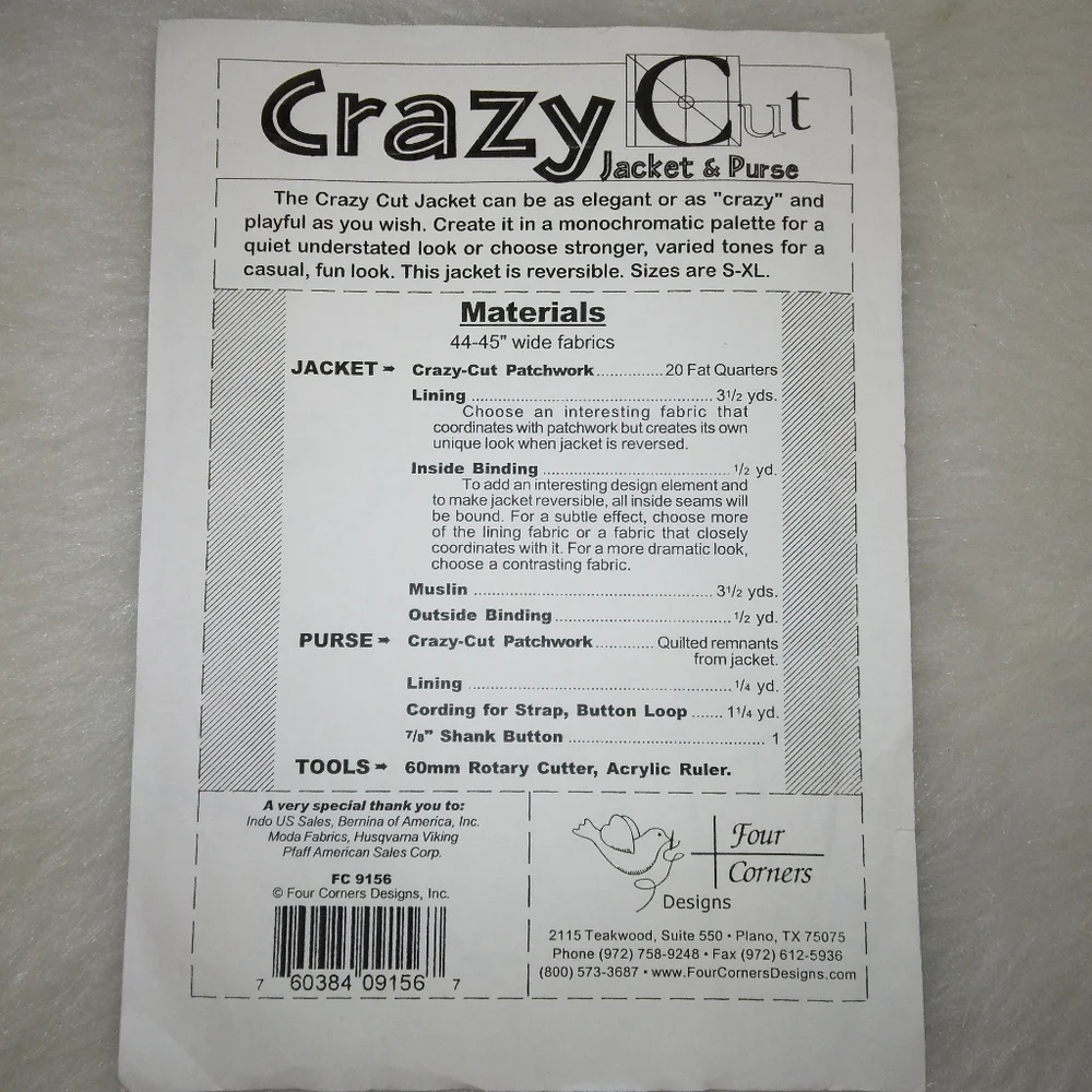 PATTERN Crazy Cut Jacket & Purse FC 9156 Size S-M-L-XL